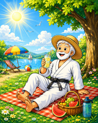 Sommermotiv mit JuJutsuka auf einer Picknickdecke unter einem Baum